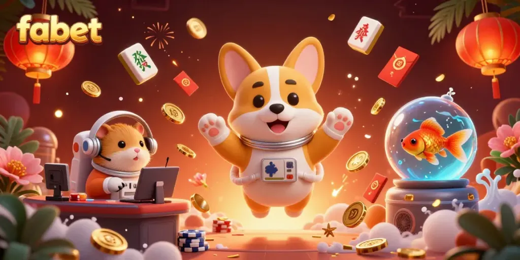 Experience immersive gaming with fabet in a space-themed casino, featuring playful characters and vibrant casino elements.