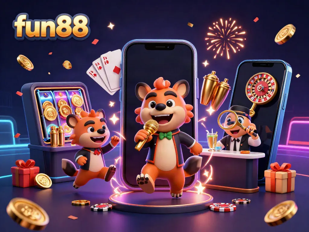 Explore fun88’s exciting casino world with hyenas entertaining in a vibrant 3D illustration.