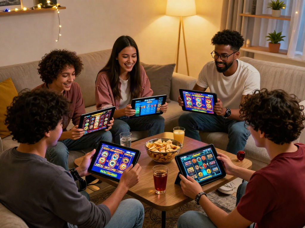 Friends enjoying slot gacor games on a tablet in a cozy living room.