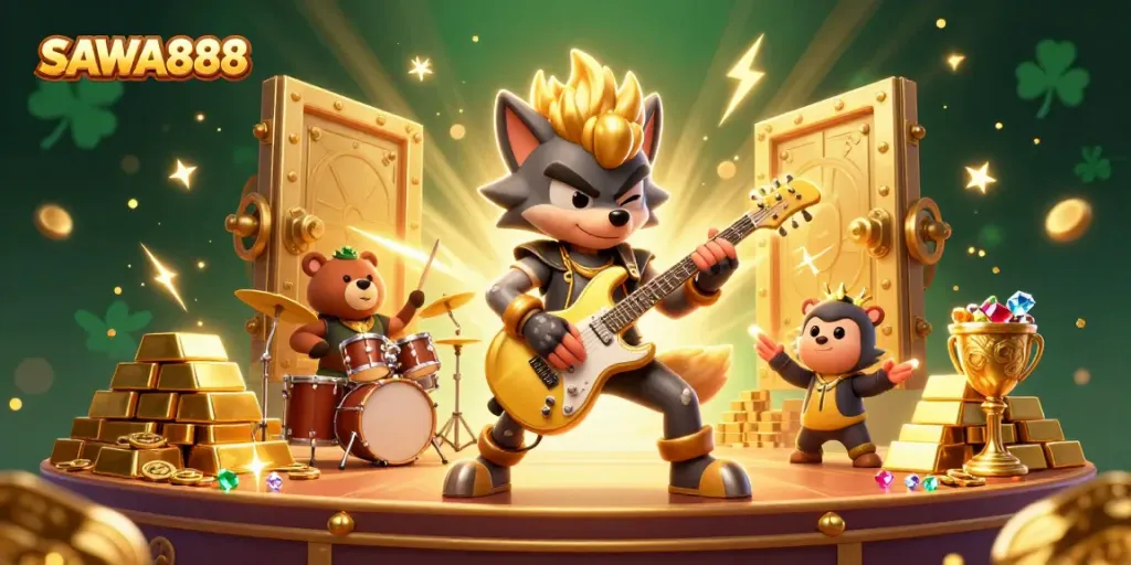 Experience the thrill of SAWA888 as a rock star wolf plays in a dazzling casino scene.