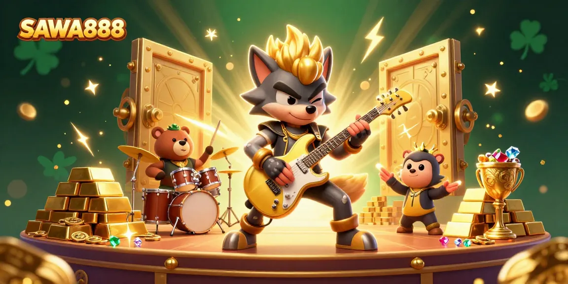 Experience the thrill of SAWA888 as a rock star wolf plays in a dazzling casino scene.
