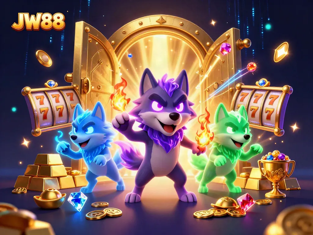 Experience thrilling gameplay with JW88 featuring a shadow wolf pack leader and sparkling casino treasures.