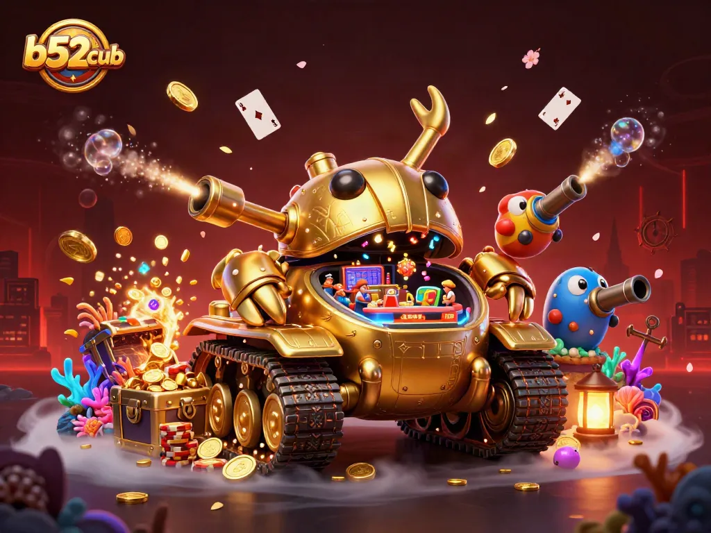 Experience the thrill of b52club with a dynamic casino illustration full of gold and excitement.