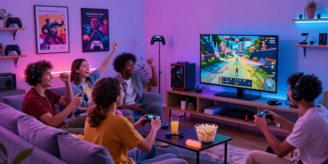 Kilat404 gaming gathering in a cozy, modern living room with friends, vibrant atmosphere.