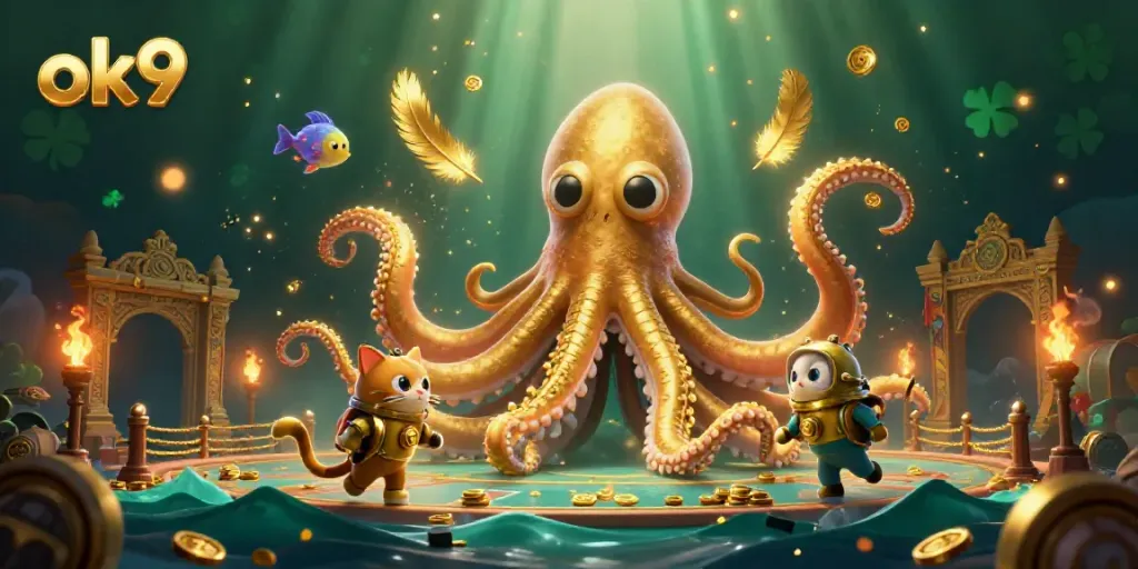 Engage with ok9 themed gambling elegance featuring a colossal kraken, treasure, and vibrant elements.