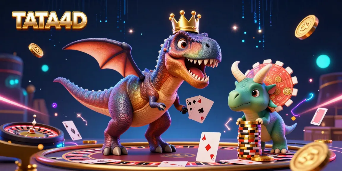 Engage with TATA4D's dynamic live casino scene, showcasing a T-Rex and friends playing cards.