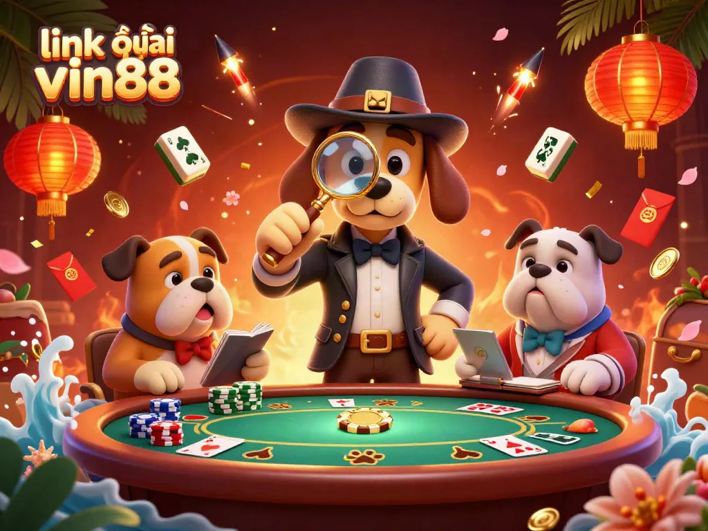 Engage effortlessly with link vào vin88 through this complex casino-themed illustration featuring iconic characters and elements.