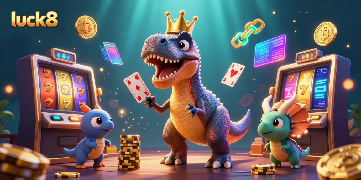 Experience luck8 action with a T-Rex, pterodactyl, and triceratops engaging in casino games.