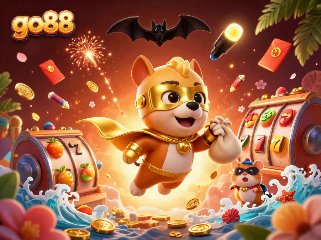 Experience the thrill of go88 with a superhero dog, spinning slot reels, and sparkling confetti!