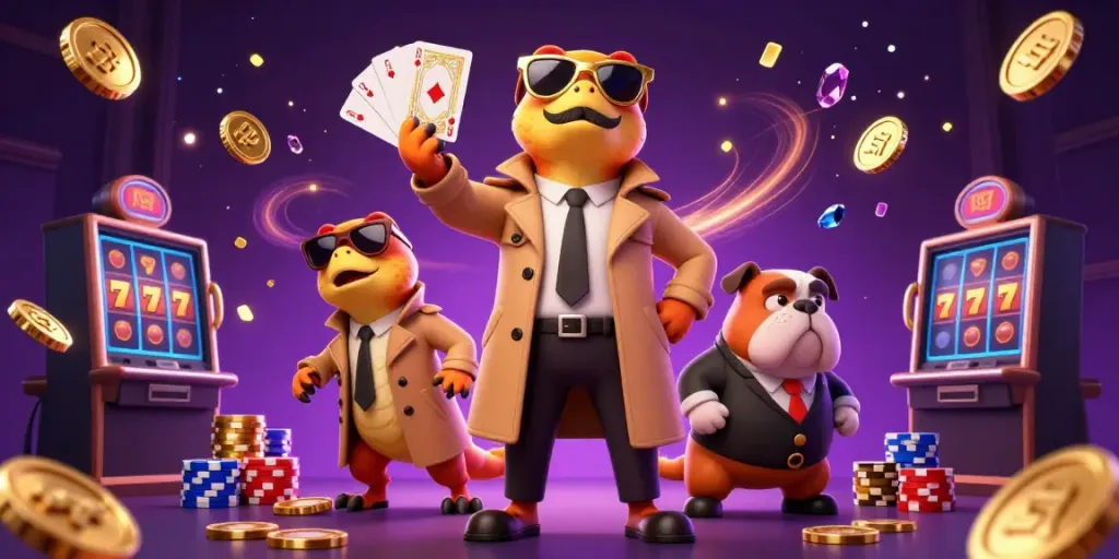 Raptor berpura-pura sebagai pemain VIP di megalive99 dengan suasana kasino penuh coin emas.