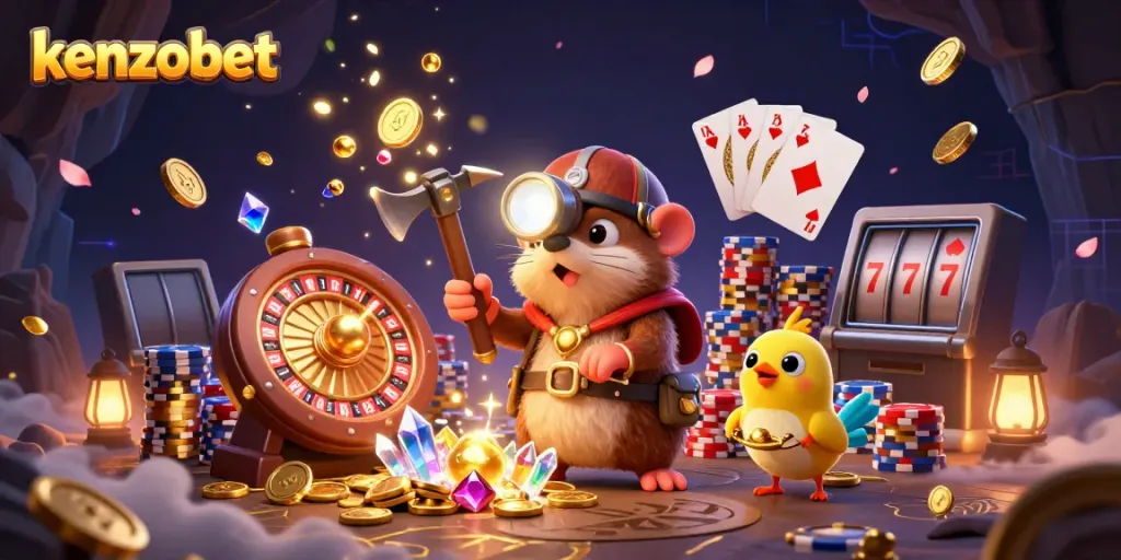 Join the adventure with kenzobet, exploring winning treasures in a vibrant casino scene.