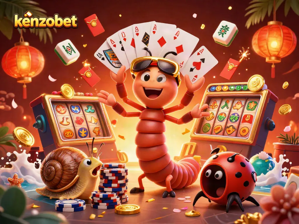 Kenzobet's vibrant 3D casino scene featuring a quirky millipede dealer, floating slot reels, and festive decorations.