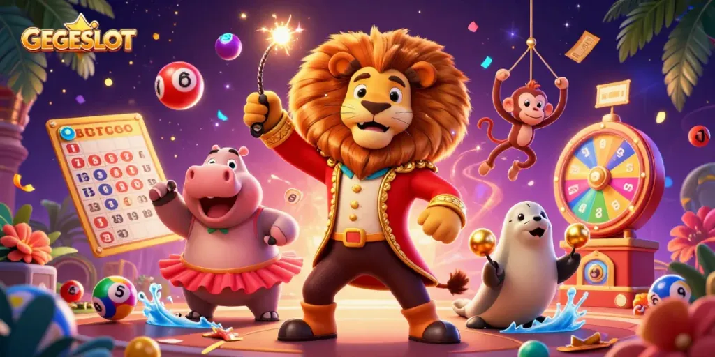 Join the fun at GEGESLOT with vibrant characters and dynamic lottery elements in a circus-themed scene.