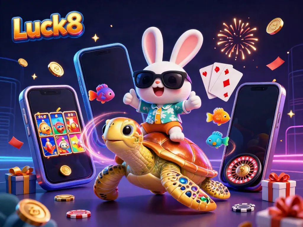 Celebrate winning moments at Luck8 with a vibrant illustration of a lucky rabbit and golden turtle in a casino-themed scene.