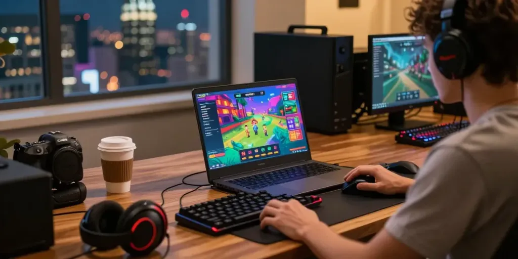Davo88 online gaming experience with a player engaged in a lively togel game on a laptop.