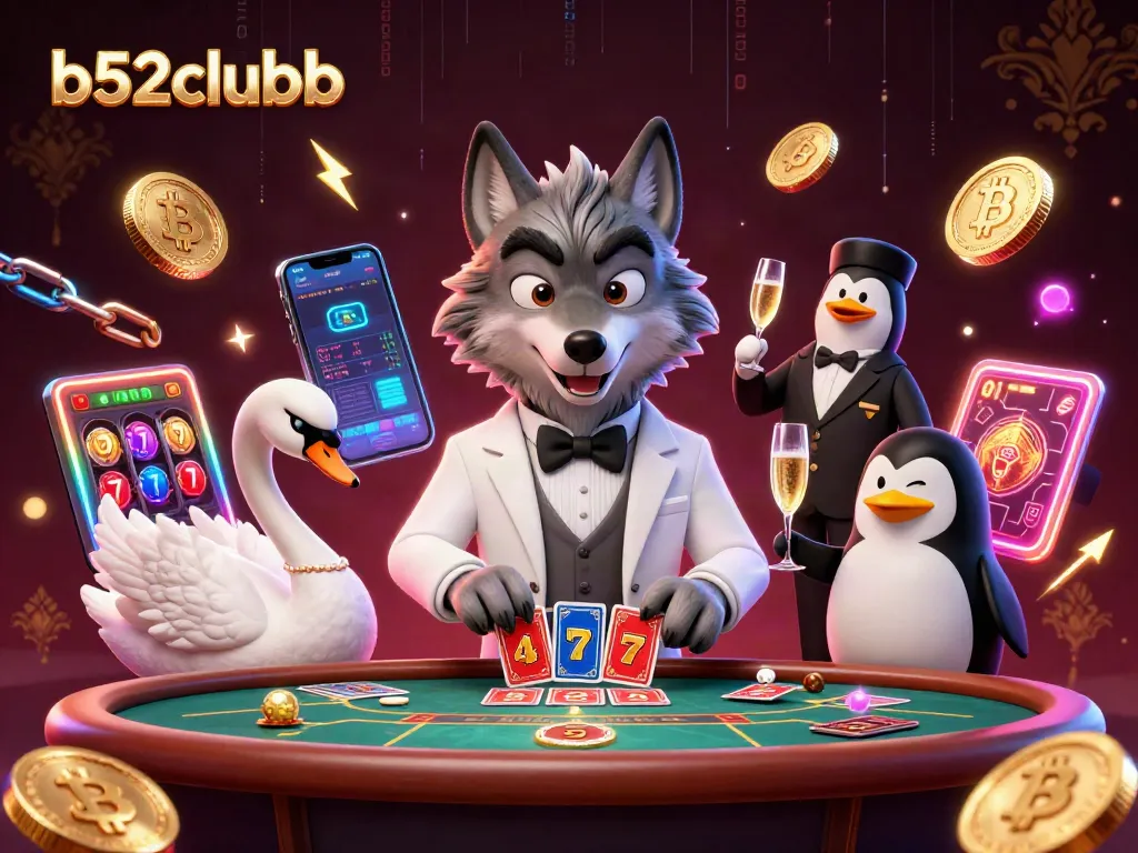 Experience ultimate excitement at b52clubb with a wolf, swan, and penguin enjoying a lavish casino scene.