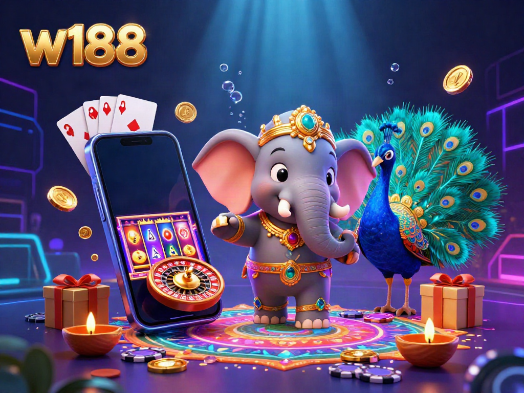 Join the excitement with w188's vibrant gambling scene featuring colorful slot games and rich character designs.