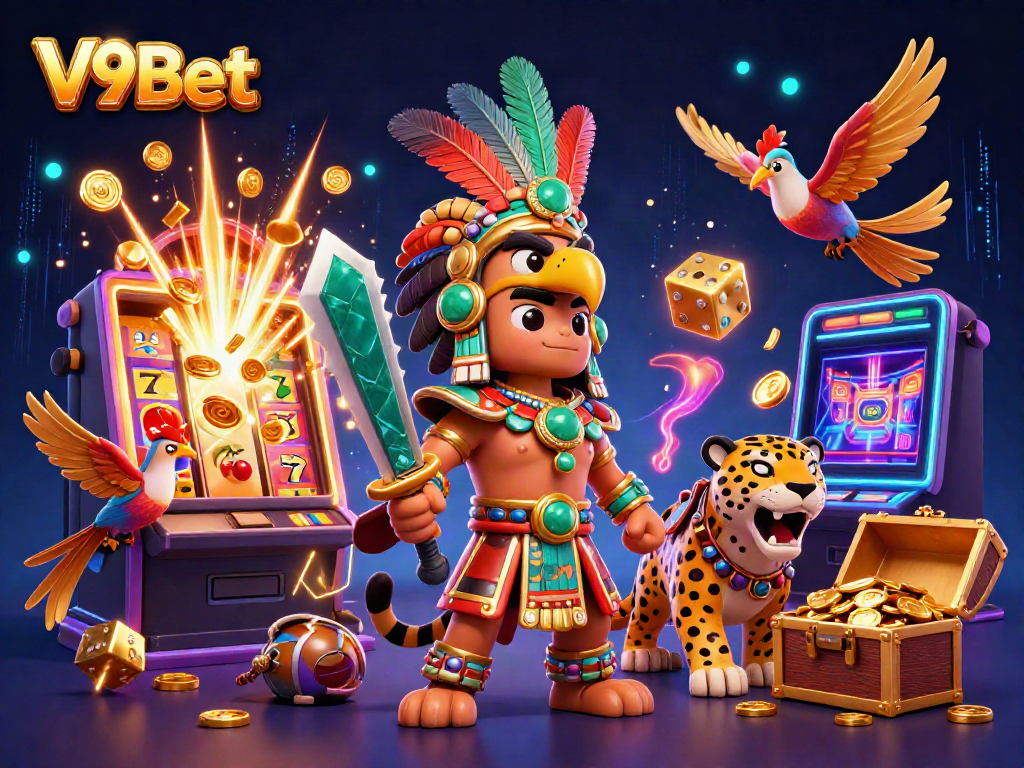 Win big at V9Bet with an exciting casino scene featuring vibrant characters and dynamic gaming elements.