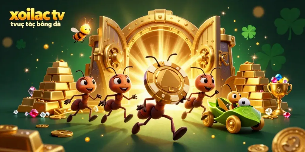 Experience the excitement of xoilac tv trực tiếp bóng đá with a dynamic heist scene featuring animated characters and rich casino elements.