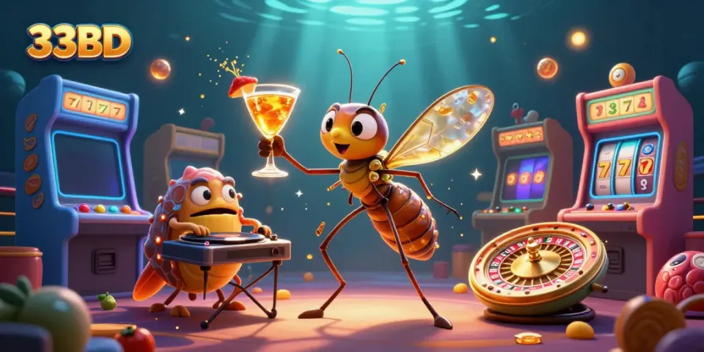 Experience thrilling gameplay at 33BD with a vibrant casino scene featuring animated characters and colorful gaming elements.
