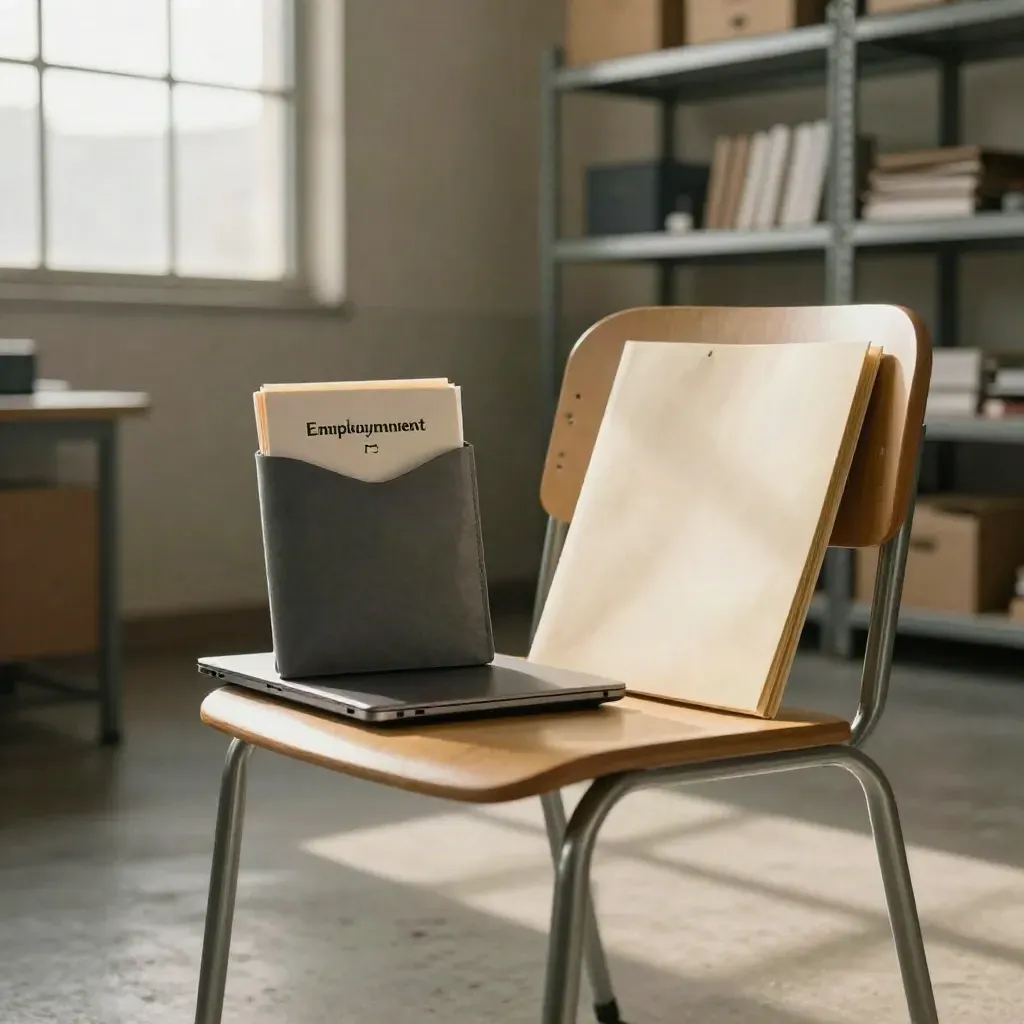 Folder z dokumentami pracowniczymi, zamknięty laptop i krzesło w magazynowym biurze
