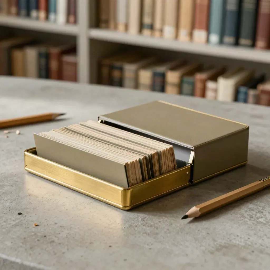 Pudełko terminów prawnych z wysuniętymi zakładkami i dwoma ołówkami na betonowym stole w bibliotece.