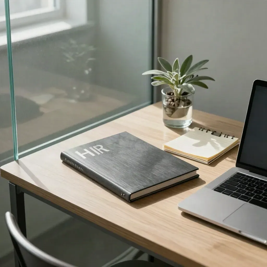 Pakiet HR, zamknięty laptop i roślina w szklanym aneksie, w spokojnym świetle dziennym.