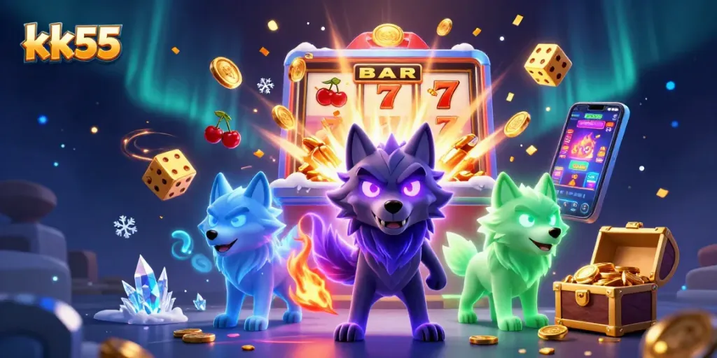 kk55 slot machine encounter with a ghostly wolf pack leader and vibrant casino elements
