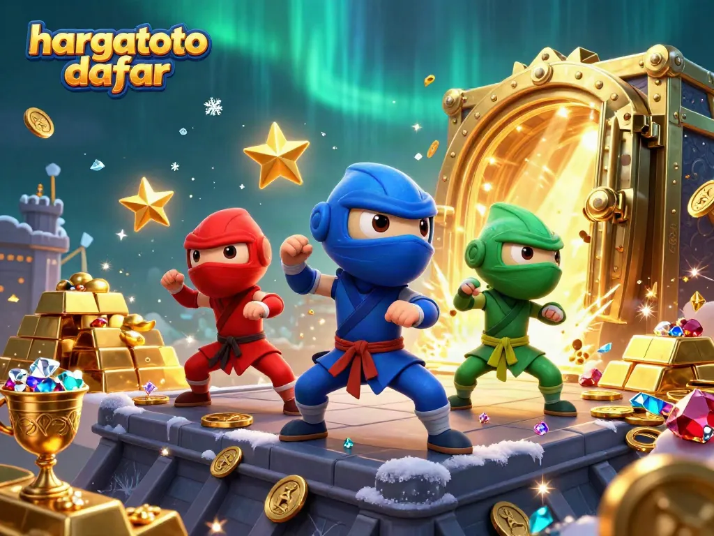Experience thrilling action with the hargatoto daftar team of ninja chameleons in martial arts poses amidst treasures.