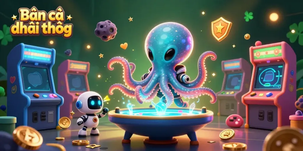 Experience Bắn cá đổi thưởng in an exciting 3D scene with alien characters and colorful game machines.