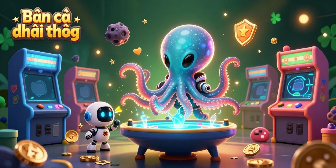 Experience Bắn cá đổi thưởng in an exciting 3D scene with alien characters and colorful game machines.