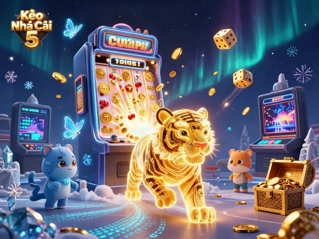Kèo Nhà Cái 5 features a vibrant neon-wireframe tiger amid a digital casino, showcasing dynamic slots and gaming elements.