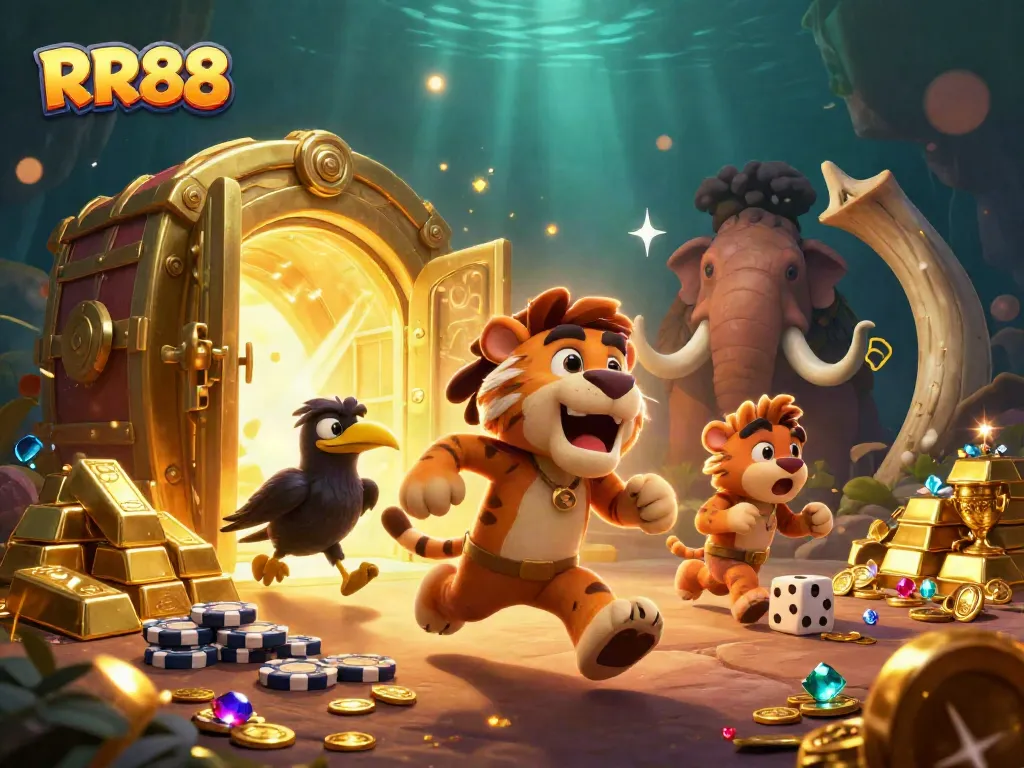 Experience the thrill of RR88 as cartoon characters play in a vibrant casino scene.