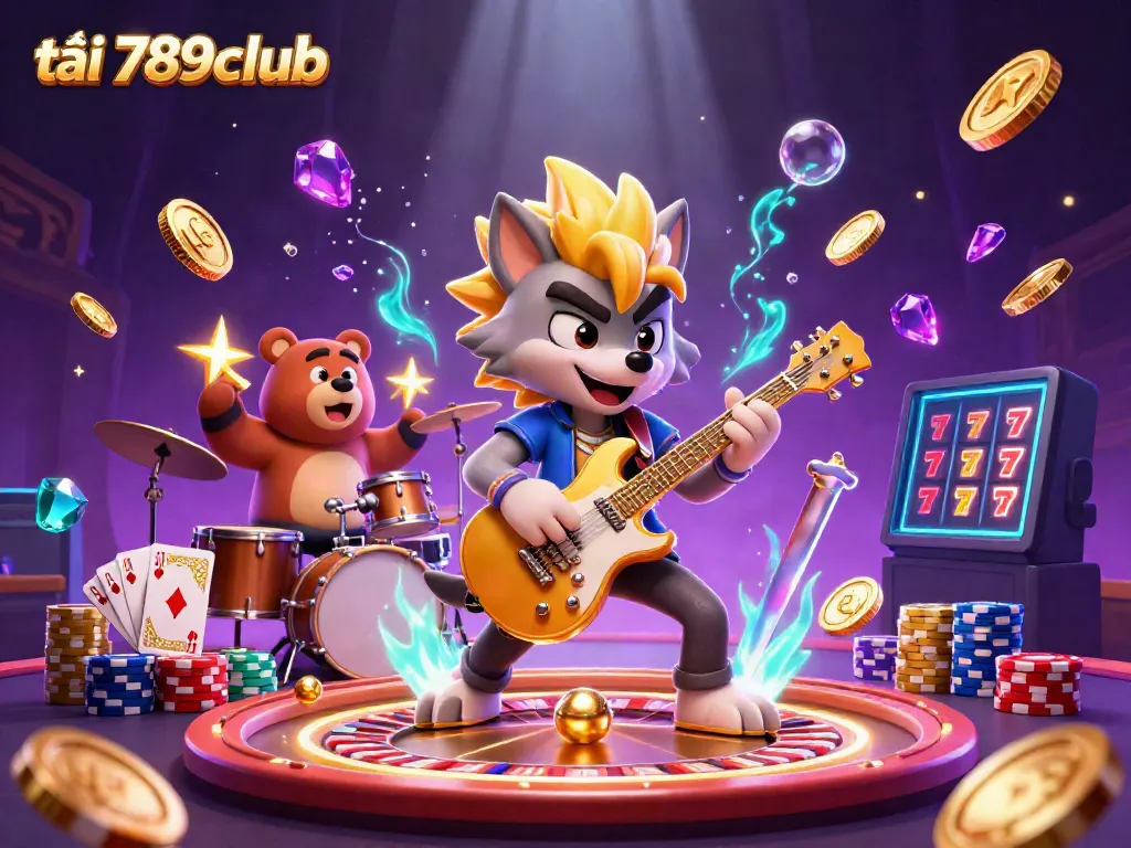 A dynamic scene illustrating the excitement of tải 789club, featuring a rock star wolf and a drummer bear on stage with casino elements.
