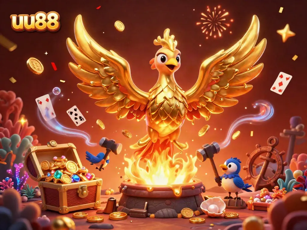 Experience thrilling gaming moments with uu88, featuring a golden phoenix and treasure elements.