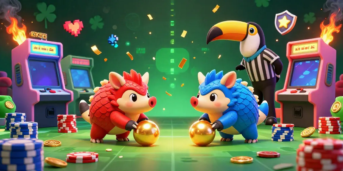 KK55 pangolins bowling with poker chips in an energetic casino scene celebrating their rivalry.