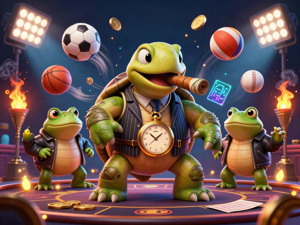 Experience the thrilling 98WIN casino scene with a snapping turtle and bullfrog enforcers celebrating with dynamic sports elements.