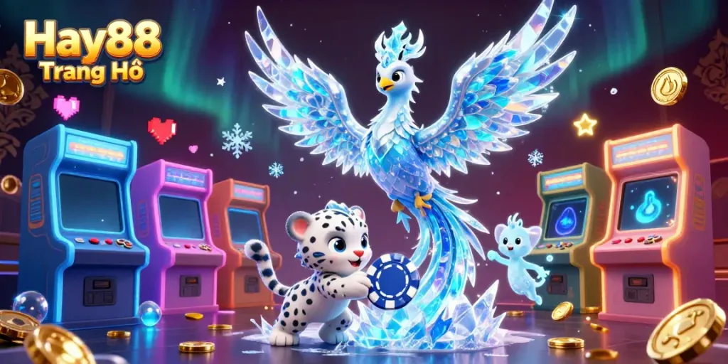Engage with the excitement of Hay88 Trang Chủ featuring an ice phoenix and snow leopard in a vibrant casino scene.