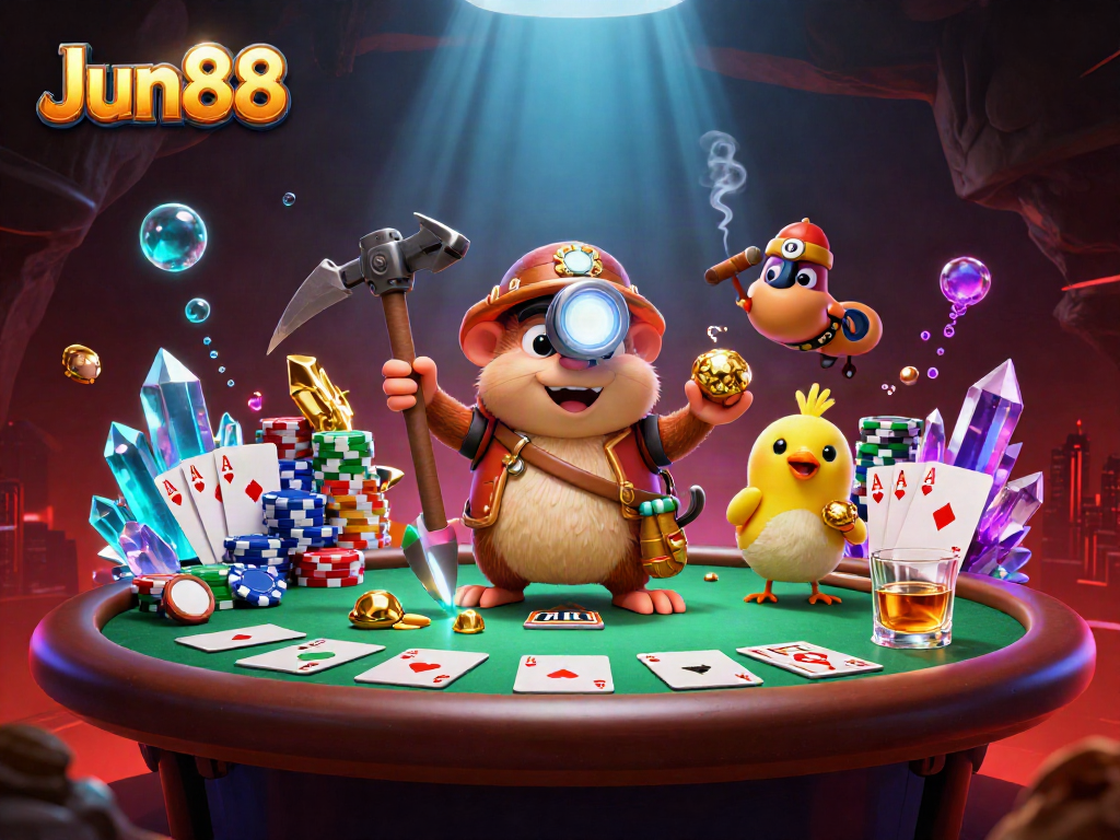 Experience the thrilling adventure of Jun88 with a treasure hunter mole surrounded by colorful casino elements.