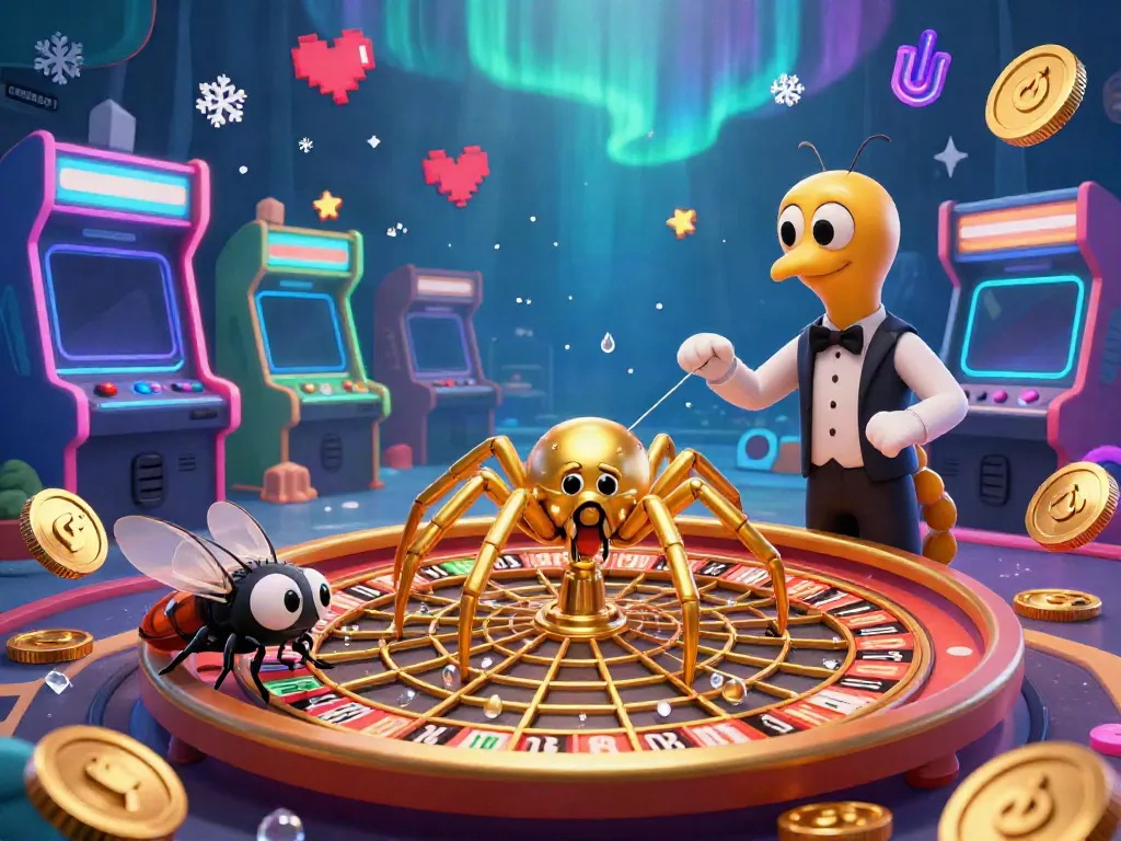 Engage with GEGESLOT through a vibrant 3D scene where a golden spider spins a roulette wheel web.