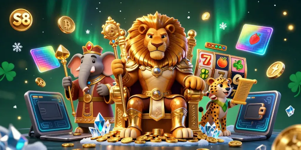 Join the S8 experience with vibrant slot-inspired characters and glowing cryptocurrency elements