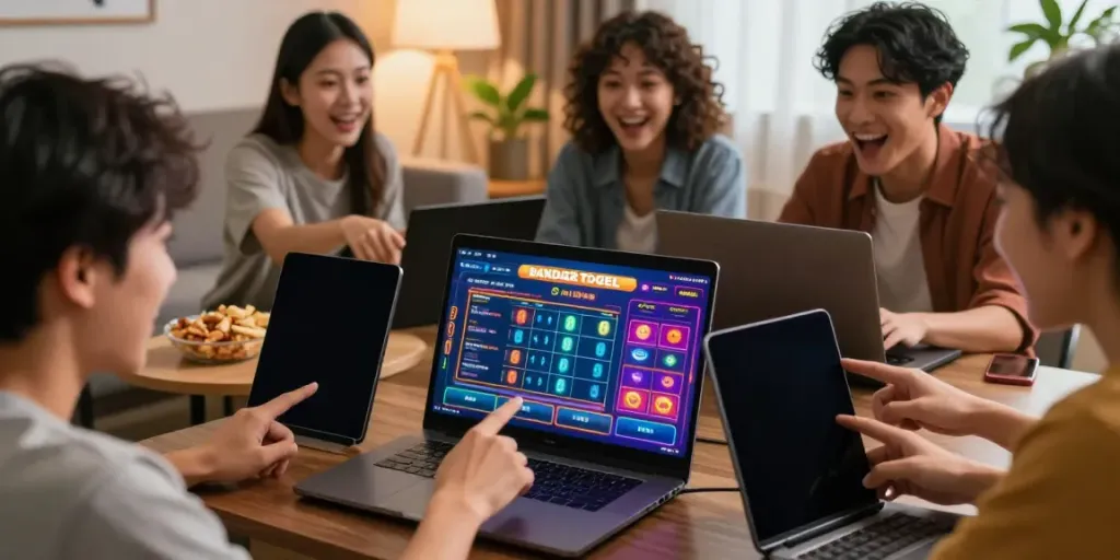 Pengalaman bermain Bandar Togel secara online dengan kelompok teman yang antusias di ruang tamu yang nyaman.