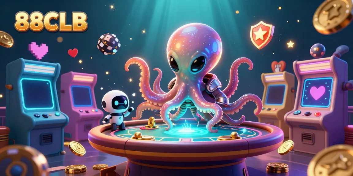 88CLB showcase: an alien octopus at a holographic poker table amidst vibrant casino elements.