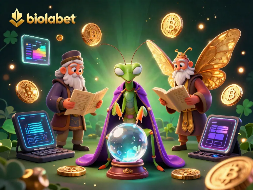 Experience the magic of biolabet with a mystical scene featuring a fortune teller and librarian amidst glowing cryptocurrency.