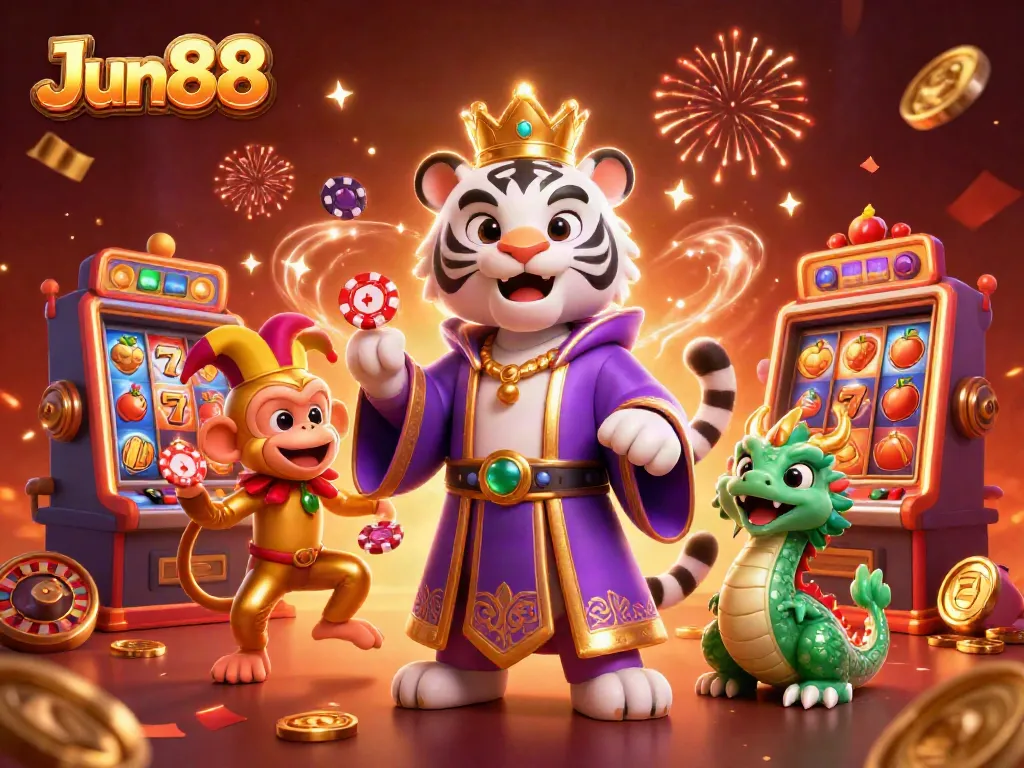 Experience thrilling gameplay with Jun88's vibrant 3D scene featuring a royal white tiger, playful monkey, and jade dragon in an exciting casino atmosphere.