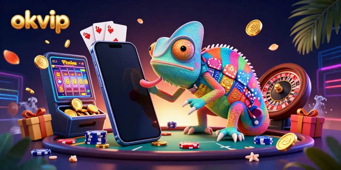 Engage with okvip's vibrant online casino world featuring a chameleon themed illustration.
