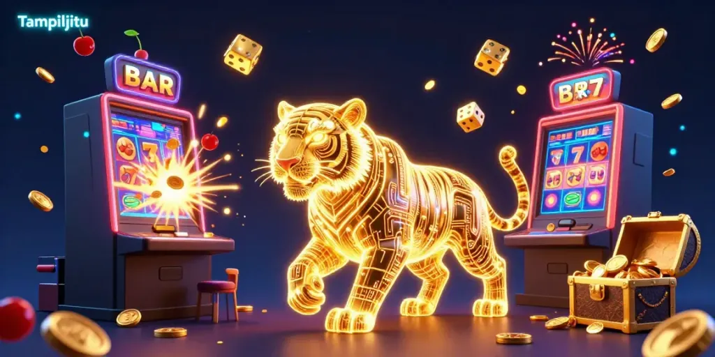 Tampiljitu showcases a vibrant digital casino, with a golden tiger and jackpot elements bursting with excitement.