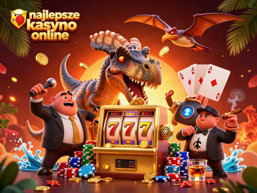 Engaging scene of a pachycephalosaurus hitting a slot machine jackpot at the najlepsze kasyno online.
