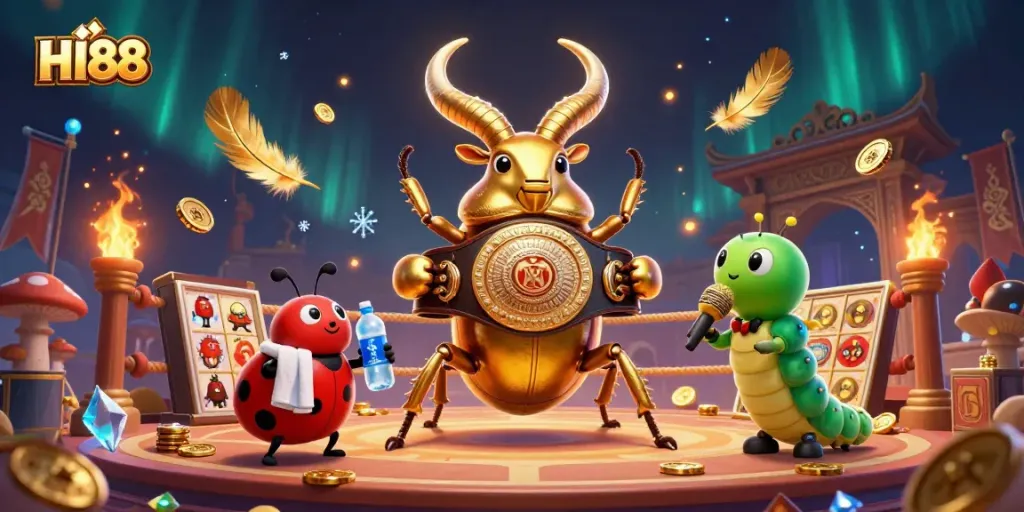 Engage with HI88's casino offerings as a golden stag beetle faces off in a vibrant arena.