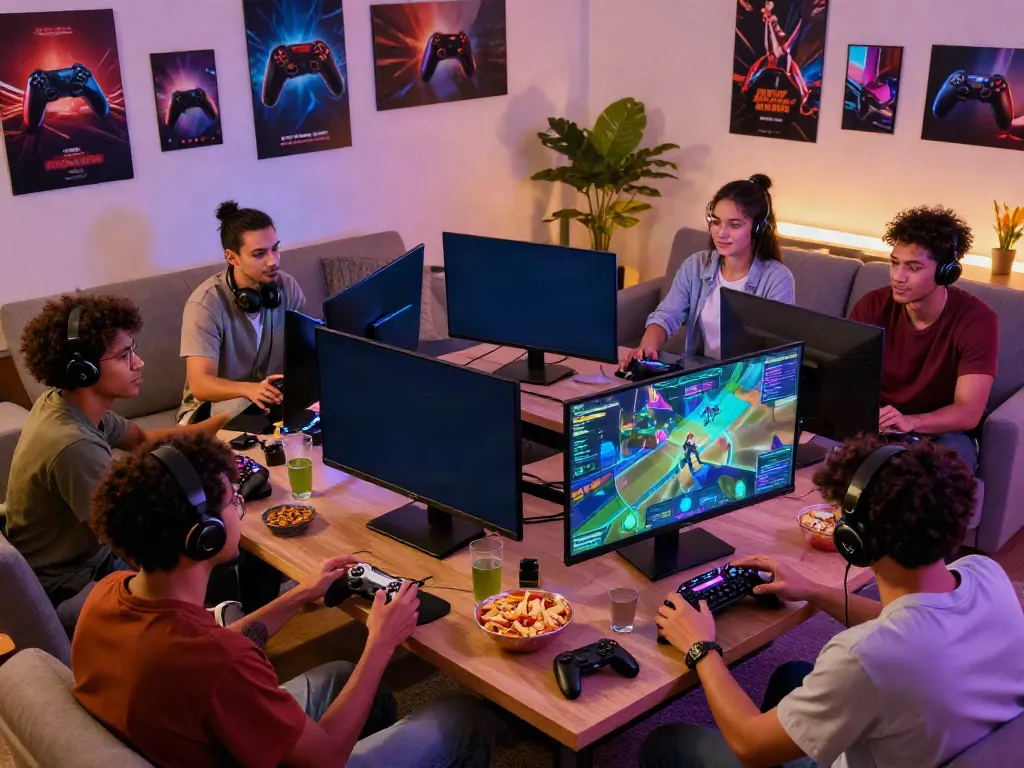 Kilat 404 gaming night with friends engaging in intense gameplay, snacks, and cozy atmosphere.